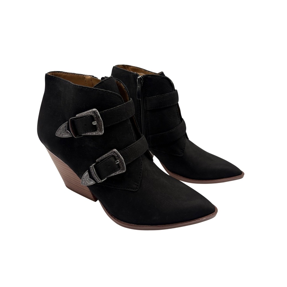 Franco Sarto Granton Ankle Boots Womens 8.5 Black Excellent Western Buckle Wedge